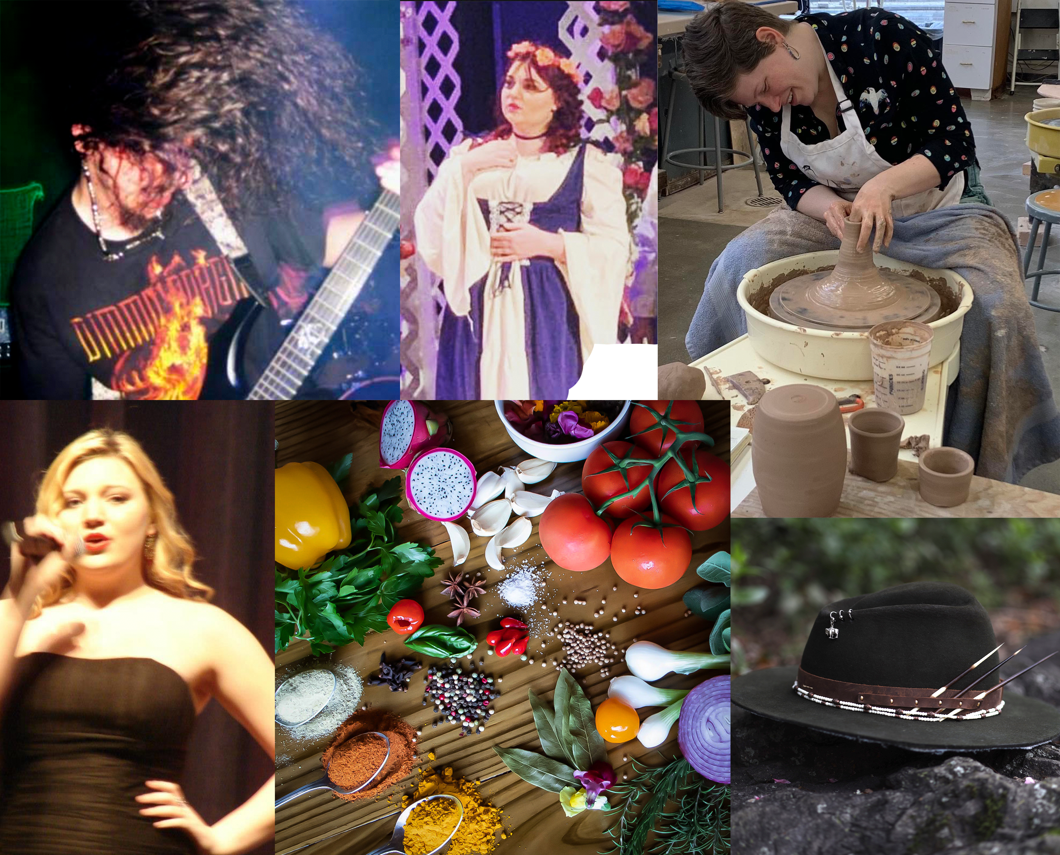 A collage of artists and their art. A musician playing guitar, a singer, food, a person making pottery, a handmade hat.